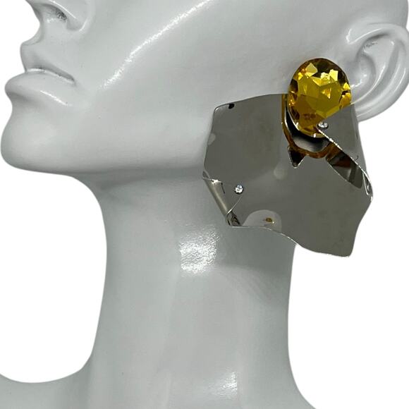 Modernist Sculptural Citrine Crystal Silver Statement Earring Avant-Garde Runway - Picture 7 of 12